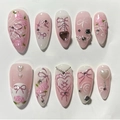 Roze en witte plaknagels met ster-strass, 3D rozen en parels, 10 stuks - Zoete Roze Strik Roos Stijl (JP3753)