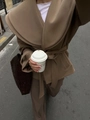 Detail shot of camel wool coat with large lapel and waist belt in street style fashion - S / Khaki