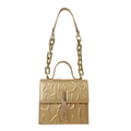 Golden handbag with abstract embossed patterns and a metallic chain strap shown in center - Gold