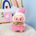 Pink plush doll in strawberry outfit with pearl accents and strawberry hat - Peach Blossom Pink Strawberry Set / First And Second Generation Keychains Are Compatible With La Cloth Dolls. Dolls Not Included.