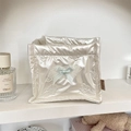 Creamy white quilted storage basket featuring light blue bow and lace trim details - Small Bow Beige