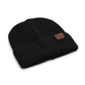 Detailed texture of black knit beanie with premium brown leather M Fashion patch - Black