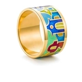 Colorful enamel patterned wide gold ring with modern geometric and letter motifs - US 6 / Colorful