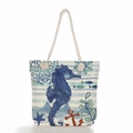 Dettaglio borsa da spiaggia in tela con stampa di cavalluccio marino e manici in corda - Cavalluccio Marino Blu Ancora (ms4548b)