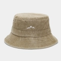Detailed view of white mountain embroidery on khaki washed cotton bucket hat - One Size / Khaki