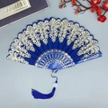 Dark blue lace folding fan with gold floral embroidery and matching tassel decoration - With Large Tassel / Royal Blue