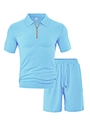 Close-up of bright blue men's polo set showing intricate woven texture and zipper detail - Light Blue