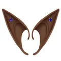 Detail of coffee brown latex elf ears featuring blue gemstones in silver claw settings - 12CM OPP Bag / Dark Coffee With Blue Gem