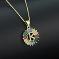 Gold-plated letter K pendant necklace with colorful cubic zirconia halo and fine chain - Gold Plated Rainbow Zirconia Letter K