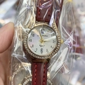 Fashion quartz watch with reddish-brown leather strap and gold case for women - Red
