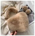 Khaki heart-shaped plush handbag with golden chain strap and fluffy pompom charms - Light Khaki
