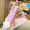 Pink bubble tea bear keychain with liquid floating pearls and cute pink silicone strap - Pearl Handbag - Pink