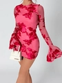 Abito mini aderente rosa con motivo floreale in velluto rosso e maniche lunghe - XS / Rosa Rosso/Rosa