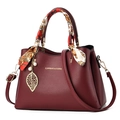 Elegant wine red bridal handbag with silk scarf handle and golden leaf pearl pendant - Wine Red With Red Scarf