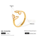 Adjustable golden stainless steel ring featuring dual white shell petal design - Leaf Accent Style (NB-R24296)