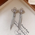 Silver-colored long tassel earrings featuring a zircon-encrusted flower and pear-cut crystal - Silver Flower Waterdrop Tassel Style