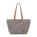 Durable medium grey canvas tote bag featuring brown leather straps and square logo tag - Gray