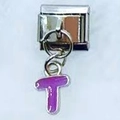 Italian modular charm in stainless steel featuring a purple enamel letter T pendant - Letter T