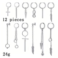 12-piece silver stainless steel earring set featuring cross and feather charms 24g - Silver Feather Cross Long Chain Set (36018)