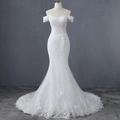 Elegant off-shoulder mermaid wedding dress with floral lace appliques and long train - US 2 / White