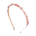 Close-up of pink natural stone chips hand-wrapped on a golden metal headband - Rose Pink