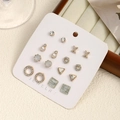 Set of 9 pairs golden stainless steel earrings with pearls, rhinestones and marble studs - Set 4 [Circle + Square]