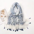 Women's blue and white floral cotton scarf with tassel trim on white table - Blue And White Print Lightweight With Tassels (XB1034)