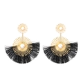 Bohemian fan-shaped tassel earrings with gold metal frame, white pearls, and black fringe - Black