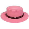 Pink flat top straw hat featuring a dark decorative band and silver bull head ornament - Cow Skull Studded Belt Style (298N)