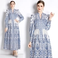 Bohemian style V-neck long dress with blue and white print and elegant lantern sleeves - S / White