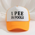 Orange-weiße Trucker-Mütze mit I PEE IN POOLS-Slogan und atmungsaktivem Mesh-Netz - Orange
