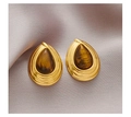 Macro detail of vintage gold stud earrings featuring tear-drop shape tiger eye stones - Stainless Steel 18K Gold Plated / Waterdrop Tiger Eye Studs / Gold with Tiger Eye Stone