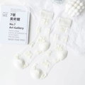 Sheer white crew socks with textured 3D bear pattern and reinforced cotton toe area - One Size / White Cherry