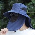Dark blue outdoor sun hat with detachable face mask and neck flap for sun protection - Half Brim / Navy Blue