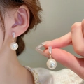 Elegant gold-plated pearl drop earrings with rectangular zircon stud for women - Simple Gold Round Pearl Zirconia Earrings