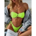Neon green waffle textured bandeau bikini set with side-tie high cut swim bottoms - Fluorescent Green