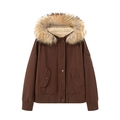 Short brown hooded jacket with a fluffy faux fur collar and utility pockets - XS / Coffee