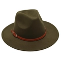 Detail of dark olive wool fedora hat featuring brown leather band and gold metal buckle - M (56-58cm) / Army Green