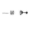 Black stainless steel stud earring with four-prong set round zircon and screw back ball - 4mm / Black