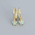 Gold s925 silver hoop earrings featuring turquoise butterfly charms and sparkling accents - Gold (Turquoise)