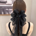 Elegante pinza de encaje negro con lunares blancos y diseño de lazo largo para mujer - Negro Grande