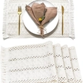 Off-white bohemian woven placemat with hollow crochet patterns and tassel edges - Cream