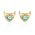 Detailed close-up of 18K gold winged heart earrings with evil eye motif and crystals - Winged Heart Turquoise Eye