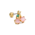 Clou d'oreille cerise rose avec monture dorée et feuille verte à fermeture vissée - Cerise Rose Or