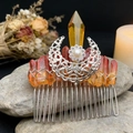 Detail of moon hair comb featuring orange crystals and silver wire on natural stones - Yellow Orange Crystal + Hollow Moon + Rhinestone Pearl Flower