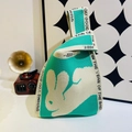 Knitted tote bag with rabbit pattern in blue and beige with Wishing You Good text - Blue Moon Rabbit
