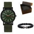 Montre à bracelet en nylon vert armée et ensemble de bracelet en pierre de lave - Vert + Bracelet + Boîte