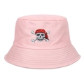 Cappello a secchiello rosa in cotone con ricamo teschio pirata per l'estate - Regolabile / Rosa