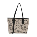 Beige PU tote bag with artistic black graffiti print and long black shoulder straps - No Pendant / Black