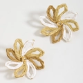 Handmade woven raffia flower earrings in white and natural tones with gold center beads - Cream White Patchwork Large Flower Woven Earrings